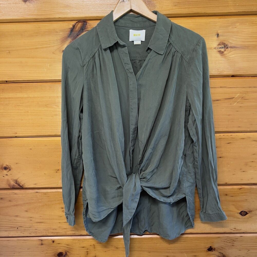 Anthropologie Maeve Olive Green Tie Front Long Sleeve Shirt Button Down Small